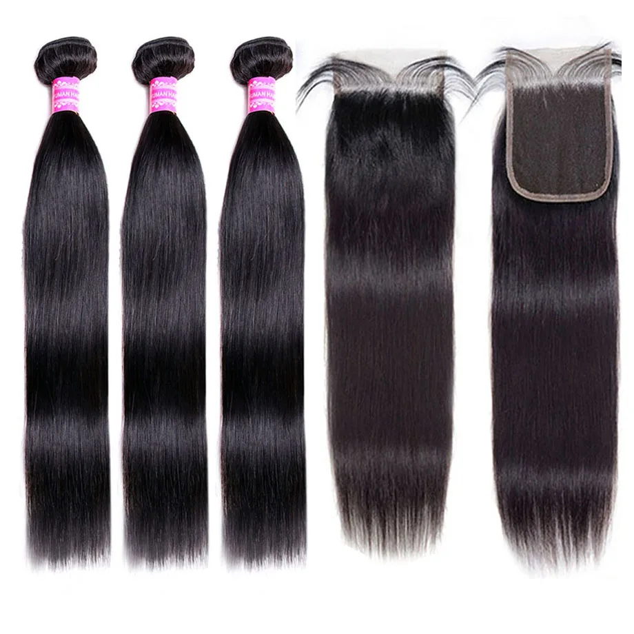 

[BY] Straight Hair Bundles With Closure Natural Human Hair 3 Bundles With Closure Brazilian Hair Weave Bundles 4x4 Swiss Lace