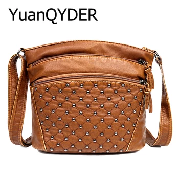 

Retro Rivet Diamond Lattice Crossbody Bag for Women Multi-pocket Soft Leather Shoulder Messenger Bags Female Casual Bucket Bags