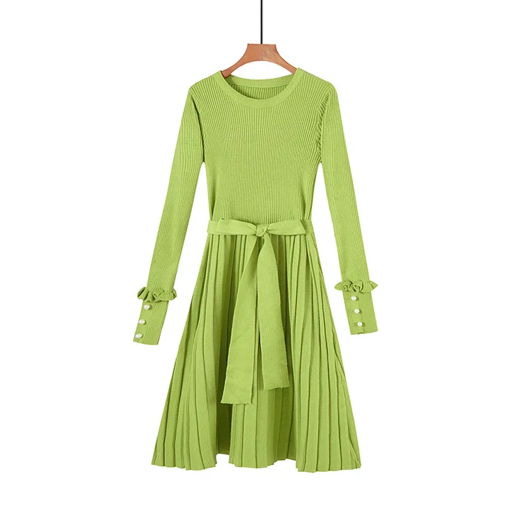 Элегантное платье-свитер OL с круглым вырезом и жемчугом, с длинным рукавом, ТРАПЕЦИЕВИДНОЕ Повседневное трикотажное платье с поясом - Color: TYPEA Green