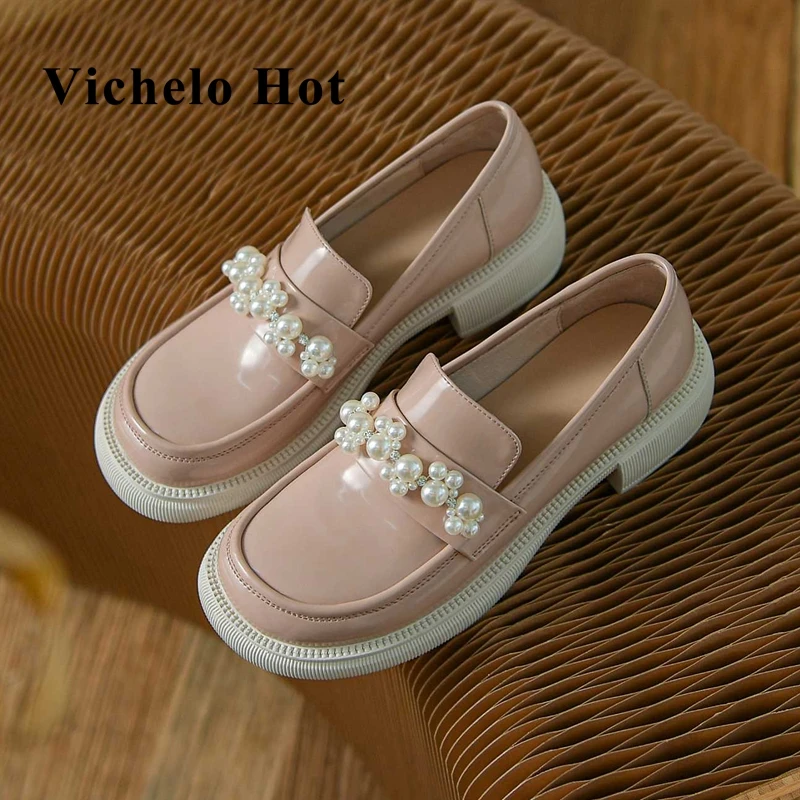 

Vichelo Hot early spring new arrival big size genuine leather round toe med heel loafers pearl decorations sweet women pumps L13