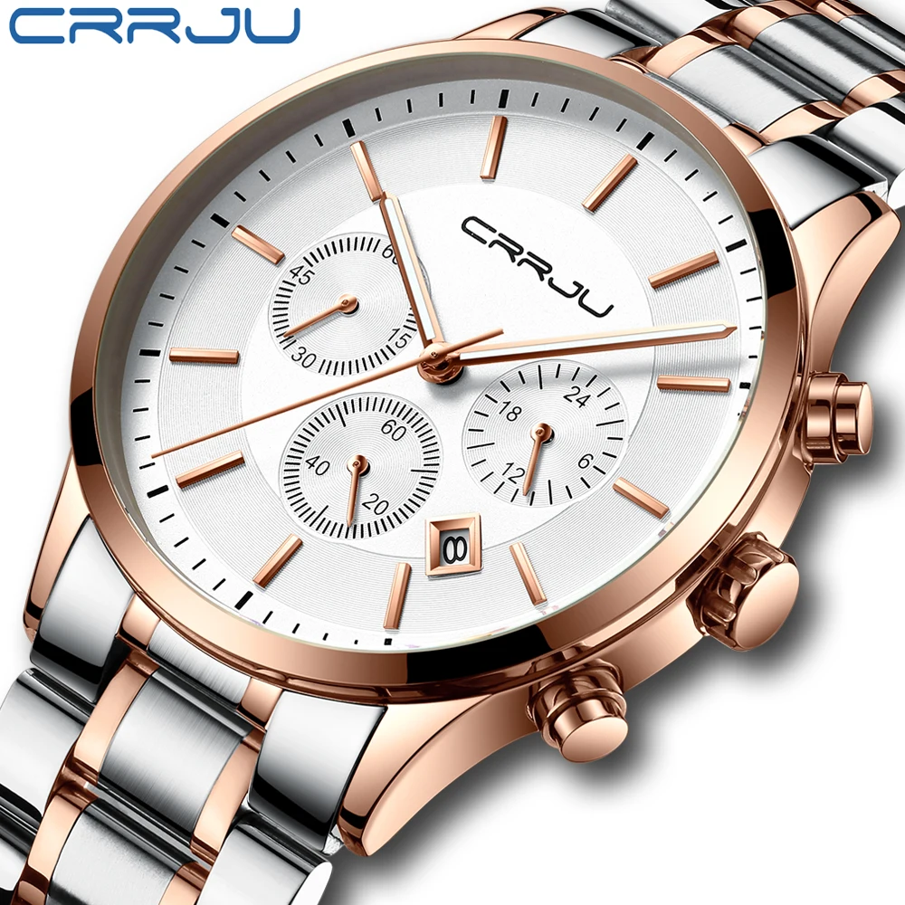 Лидирующий бренд CRRJU мужской простой стиль стальной ремень часы, спортивные модные часы, водонепроницаемые и прочные кварцевые часы с