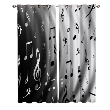 

Water Wave Music Black White Musical Notes Window Curtains Living Room Fabric Drapes Curtain Home Decor Curtains for Bedroom
