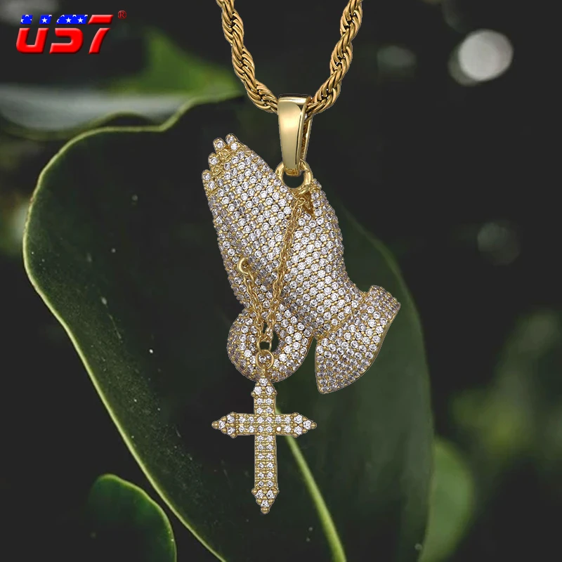 

US7 Praving Hands Pendant In White Gold Iced Out Pendant Paved AAA CZ Stones Hip Hop Gold Silver Color Charm Chains Jewelry Gift