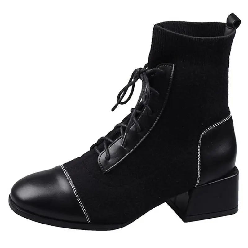 

Short Boots Women Short Tube Black Thick Heel Martin Boots Elastic Socks Boots Ankle