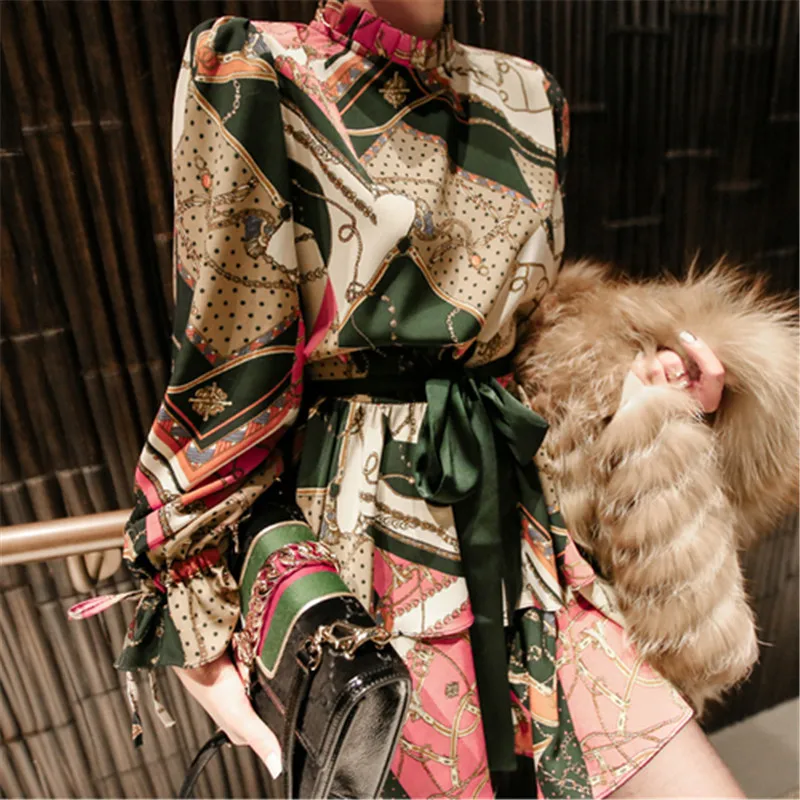

2020 Autumn Korean Designer Runway Women Dress Elegant Ladies Vintage Mini Dress Print Long Sleeve Lace-up Dress Vestidos