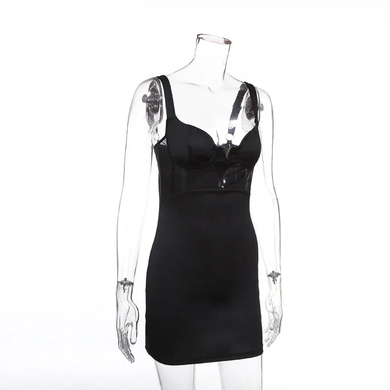 Летние пикантные Спагетти ремень облегающее платье для вечеринки с точки зрения облегающее Черное мини-платье без рукавов цельное платье модный халат GV341