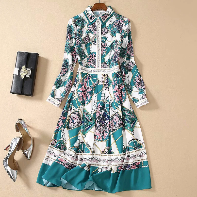 ^*Best Offers Hoge Kwaliteit Nieuwe Mode 2020 Vrouwen Lange Mouw Retro Art Print Kraag Jurk