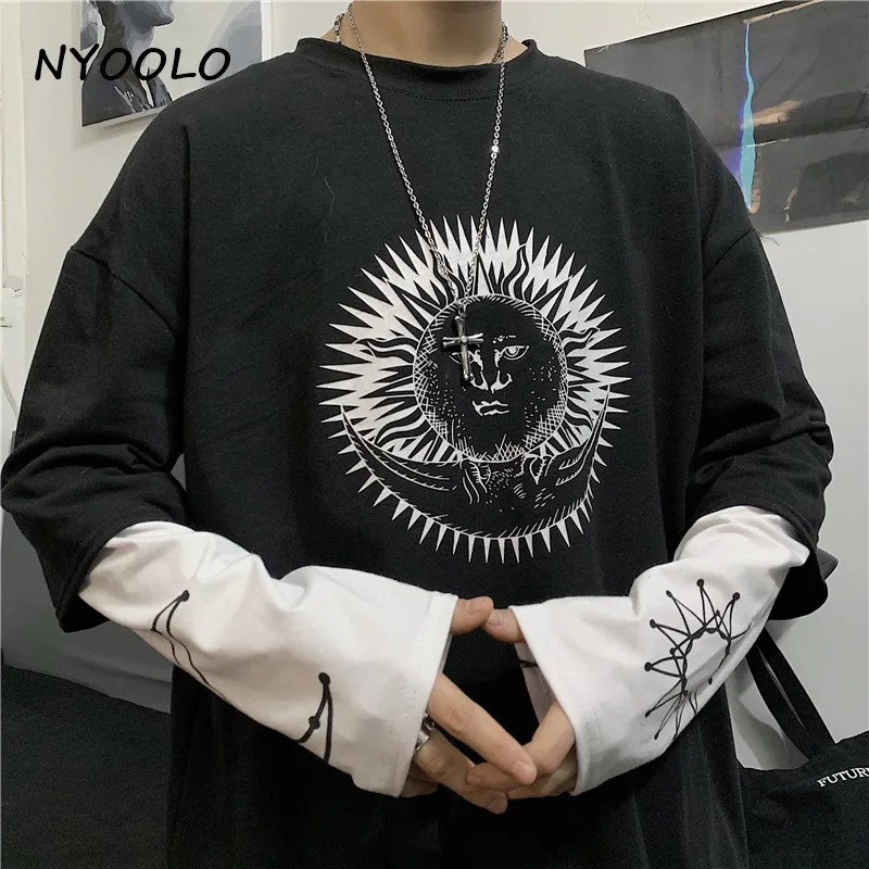 NYOOLO Harajuku уличная Женская толстовка с принтом из двух частей Лоскутная свободная футболка с длинными рукавами и круглым вырезом Женская Мужская одежда топы