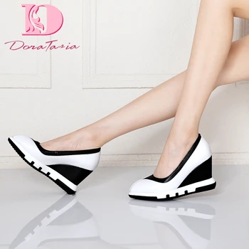 

Doratasia New Fashion Genuine Cow Leather Mix Color Shoes Woman Pumps Female Slip On Wedge Heels Comfortable Pumps Women Shoes