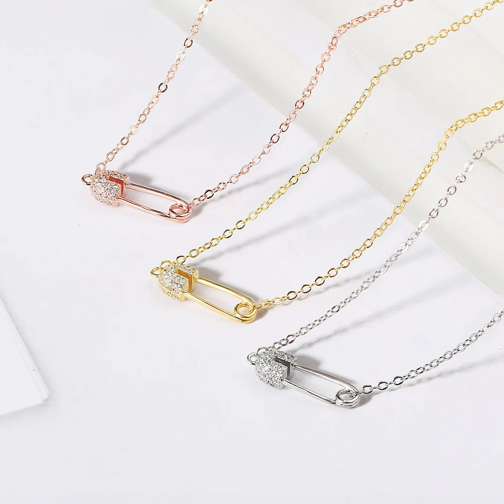 Safety Paper Pin Clip Pendant Necklace For Women Hollow Zircon Collarbone Chains Choker Women's Necklace Fashion Jewelry KBN260