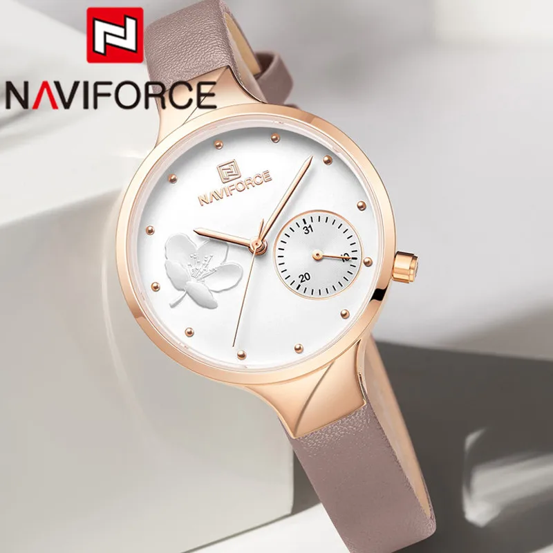 NAVIFORCE модные женские часы Топ бренд Роскошные наручные из натуральной кожи