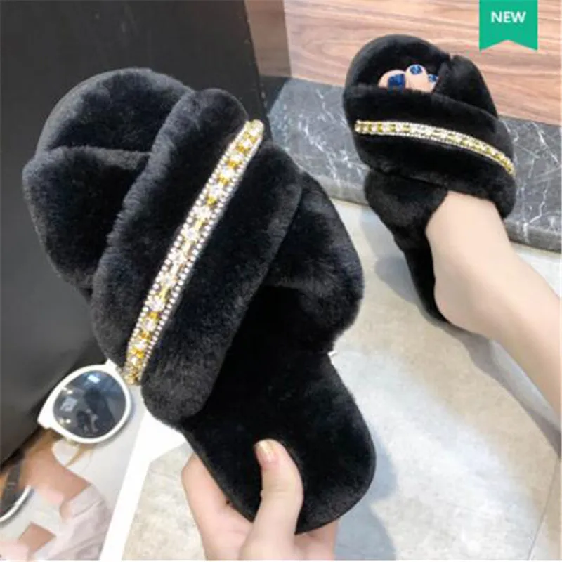 As shown ; женские зимние хлопковые тапочки с открытым носком; плюшевые туфли с украшением в виде бриллиантов; женские меховые шлепанцы; женские меховые домашние вьетнамки - Цвет: As shown