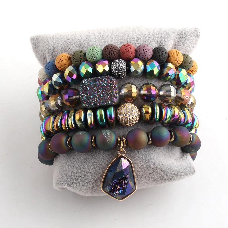 MOODPC Fashion Jewelry Beautiful Bracelet Set Natural Stone Cubic Zircon Ball Crystal Pave Bracelets