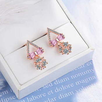 

Rose Gold Luxury Special Triangle Shape Snowing Flower Earring Drops For Women With Pink Bow-knot Cute Lovely Short Mini Earring