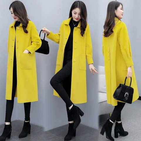 Yellow Весна осень длинное пальто для женщин повседневные шерстяные куртки женские элегантные однобортные Большие размеры верхняя одежда женская Abrigo Mujer - Цвет: Yellow