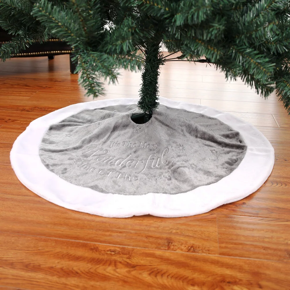 White Gray 90CM English Christmas Embroidered Tree Skirt Short Plush Home Mat Scene New Year Decoration Carpet