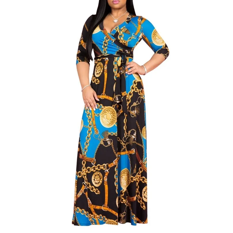 

Plus Size chain Bohemian Long Dress Plus Size Women Autumn Winter Tunic Maxi Beach Dress gold Female Floor-Length Vestido
