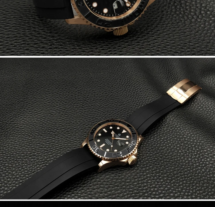 Automatic Mechanical Watch Men Top Luxury Brand Mens Watches Black Ceramic Outer Ring Gold Stainless Steel Silicone Watch CASENO