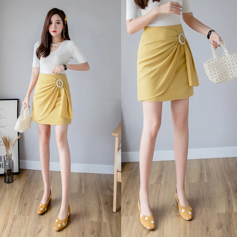 

2019 Summer Wear New Style Korean-style Non-symmetrical A- line Pleated Slimming Short Skirt Solid Color Skirt