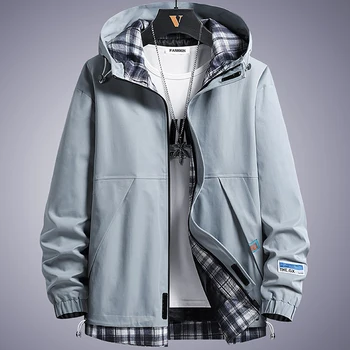Men's Windbreaker Jackets 2021 Spring Autumn Fashion Patchwork Plaid Hooded Coat Male Clothing Casual Jackets 8XL 1