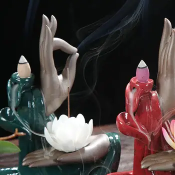 

incense waterfall Fashion Ceramic Backflow Waterfall Buddha Hands Lotus Incense Burner Holder Home Decor quemador de incienso
