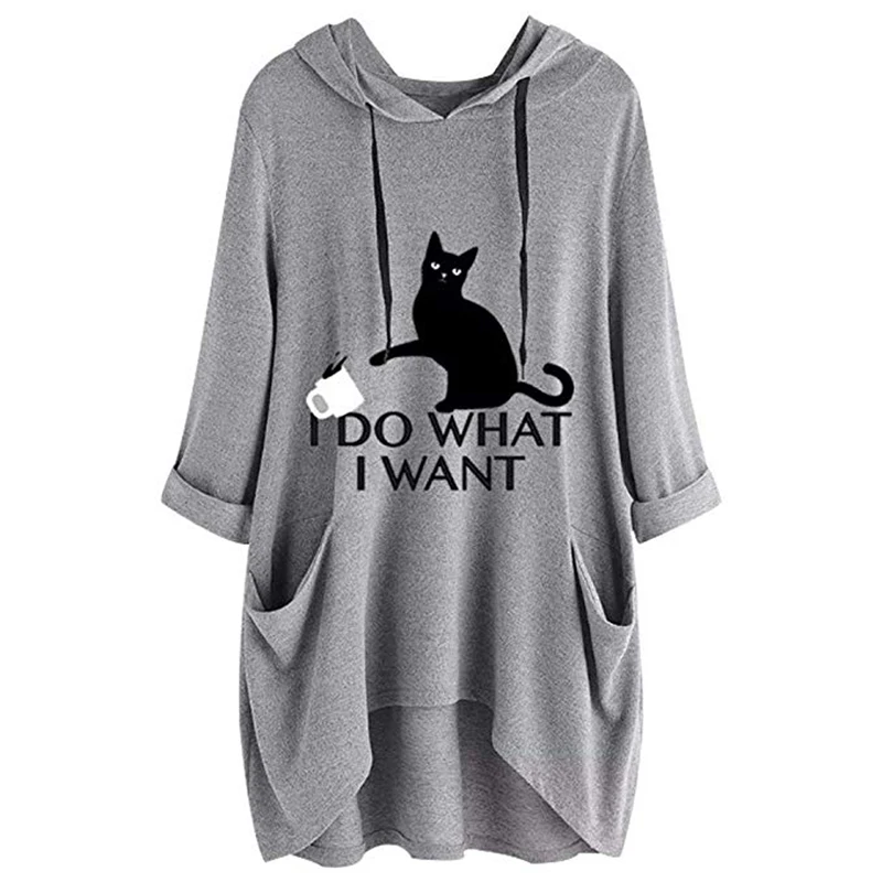 

Hooded Half Sleeve Women's Hoodies Tops Print Cat Ear Pockets Irregular Sweatshirt Female 2019 Summer Autumn Hoody Plus Size