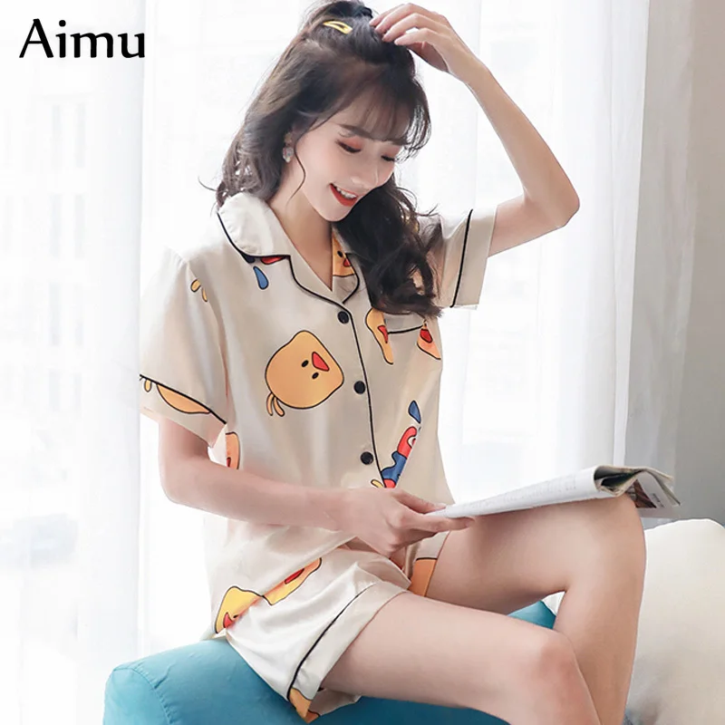 

2020 summer Short Sleeve Pajamas Silk Set 2 Pcs Set pyjamas Sexy Nightwear for Women kawaii cartoon Sleepwear Short Pant pijamas