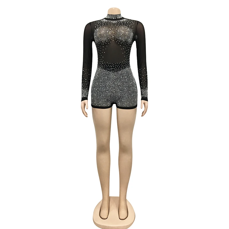 Kricesseen Sexy Diamond Crystal Skinny Short Jumpsuit Women New Stand Long Sleeve See Through Playsuit Night Clubwear Rompers