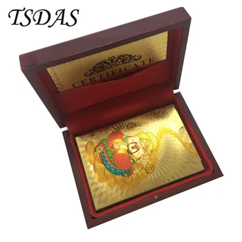 

The God of Wealth Style Colored Golden Poker Cards Set in High Quality, Joker Playing Card With Wooden Box Free Shipping