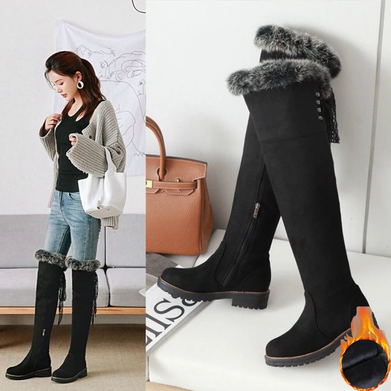 

Black Slim Knee Long Boots Women's Winter Plush Inner Warm High Boots Flat Bottomed Casual Women's Large Fashion Trend