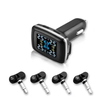 Система контроля давления в шинах, прикуриватель TPMS, 4 внешних датчика, Автоматическая сигнализация в шинах, ЖК-дисплей с интерфейсом USB - Цвет: Темно-серый