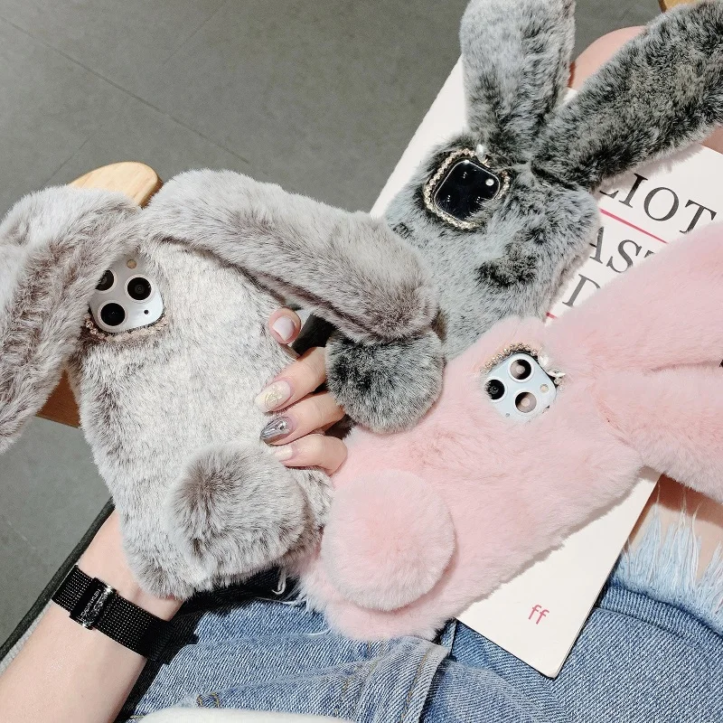 

Fashion Cute Long Ear Rabbit Fluffy Fur Case Cover For Samsung Galaxy Note 20 10 9 8 S21 S20 Ultra S10/9/8 Plus Winter Warm Case