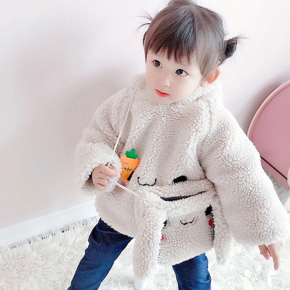 Зимнее теплое пальто с заячьими ушками для маленьких девочек с сумкой через плечо; Милая Детская куртка с капюшоном и длинными рукавами для девочек; верхняя одежда