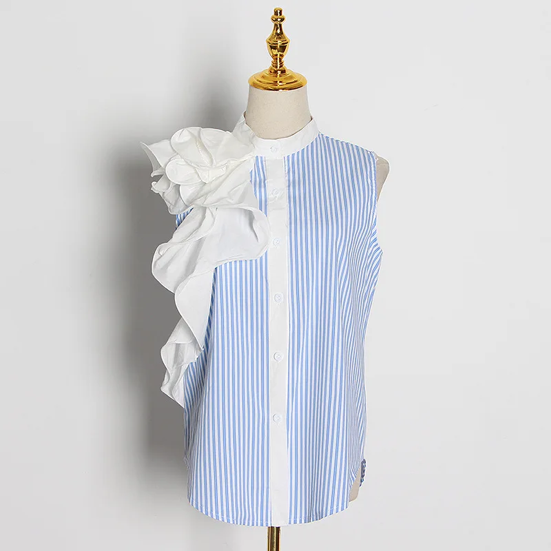 

2020 summer new fashion stand collar stitching ruffled single-breasted striped T-shirt top women