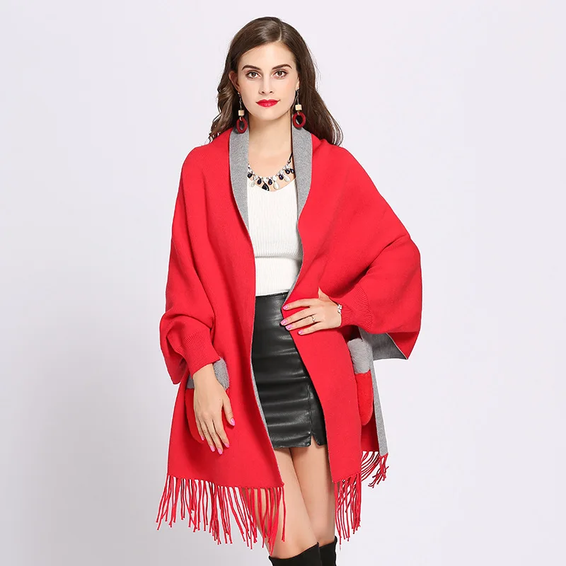 Модная Меховая двухсторонняя кашемировая шаль-шарф, длинный рукав летучая мышь, трикотажный кардиган, накидка для женщин, Осень-зима, Пашмина - Цвет: red grey