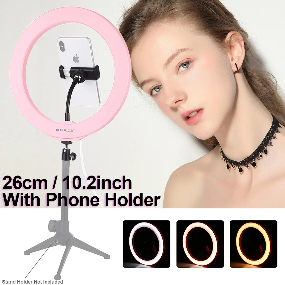 

Dimmable USB LED Ring Vlogging Selfie Photography Video Lights 26cm 3Modes Cold Shoe Tripod Ball Head&Phone Clamp Pink Shell D25