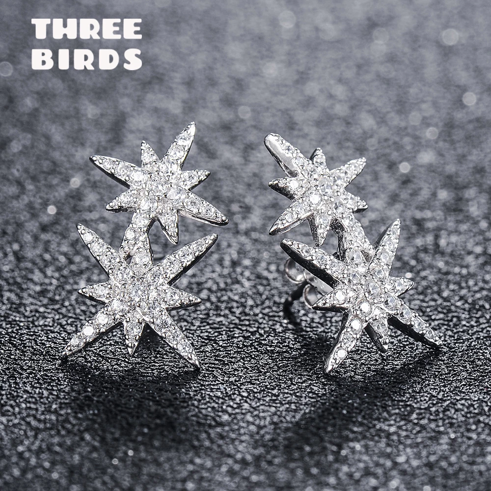Крошечные трендовые кубические циркониевые хрустальные двойные звезды Роскошные проложить Cz клипсы с камнем Серьги для женщин модные ювелирные изделия E-H0347