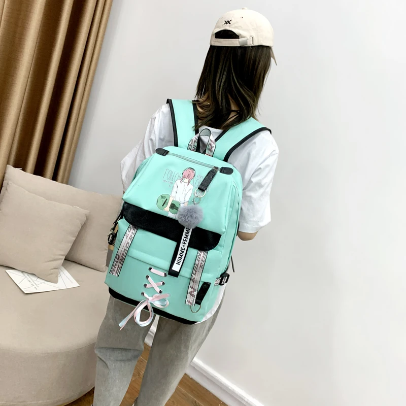 Canvas Large Capacity Usb School Bags for Girls Teenagers Backpack Women Bookbags Green Middle High College Teen Schoolbag Girl