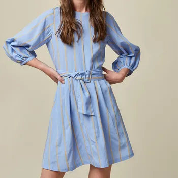 

Fashion O-neck Womens Mini Dress Three Quarter Sleeve Blue Lady Casual Short Dresses With Sashes