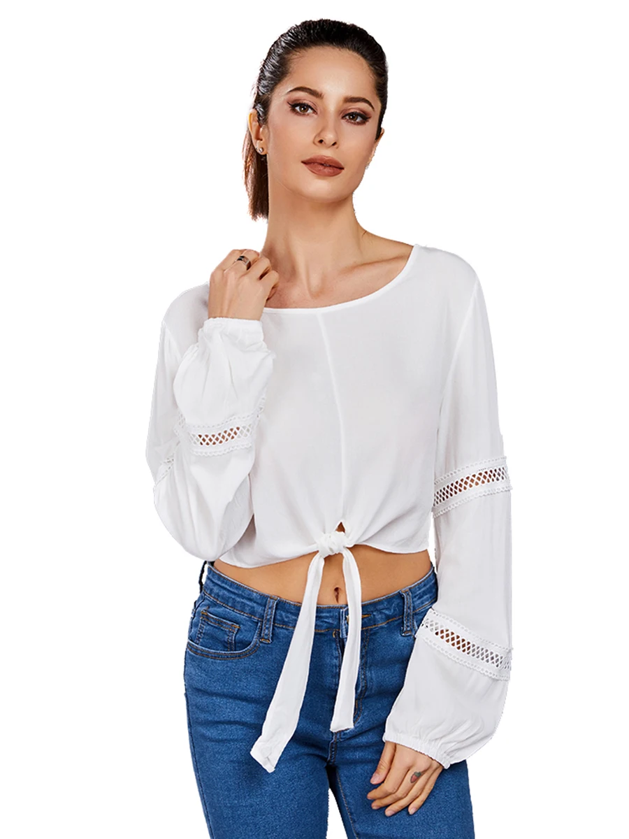 

Autumn Fashion Slim Shirt Top Hollow Sleeves Sexy Short Top Bandage Long Sleeve Shirt White Color Round Neck All Match T-shirt