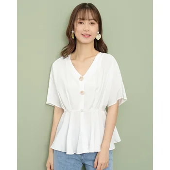 

IEF Summer Simple Color V Neck Short Sleeves Female T Shirt Vogue Blouse Loose Women Tops 0319A-D11792