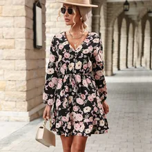 Women Vintage Floral Print Mini Dress Long Sleeve Ladies Long Sleeve V Neck Retro French Beach Dress Casual Holiday Vestidos