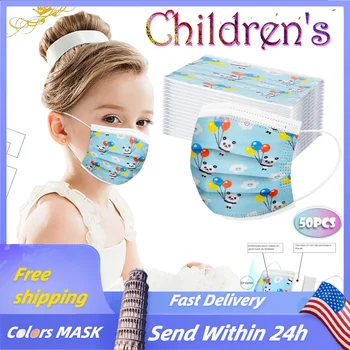 

50PCS Child Kids Disposable Face Masks 3 Layer Anti-Dust Pollution Masks Fabric Meltblown Dustproof Cartoon Dog Cat Mask