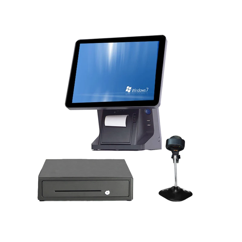 

Оптовая продажа Pos все в одном 15-дюймовая pos-система с чистым экраном с принтером 80 мм/сканером штрих-кода/ящиком для наличных денег