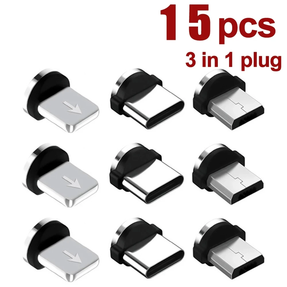 USLION 15 Pcs Magnetic Tips For iPhone Samsung Mobile Phone Replacement Parts 3 IN 1 Plug Micro Converter Cable Adapter Type C | Мобильные