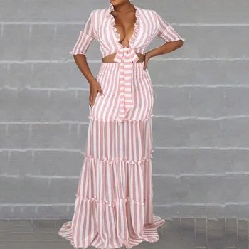 

Fashion 2020 Stripes Two Piece Sets Pink Chiffon Suits Women Ruffle Short Blouse Long Skirt Set Summer High Waist Designer Beach