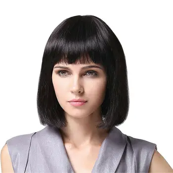 

Short Bob Wig with Bangs Peruvian Remy Human Hair Wig Straight 13x6 Glueless Lace Front Wig with Bangs Natural Black