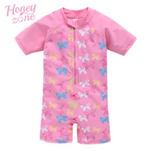 Honeyzone/цельный купальный костюм для маленьких девочек, с принтом бабочки, с короткими рукавами, комплект для купания розового цвета, детский купальный костюм для девочек