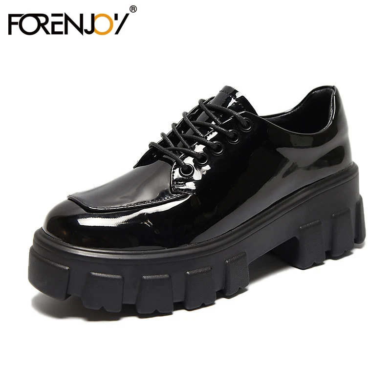 

FORENJOY 2020 New Fashion Leather Pump Shoes Women Lace Up Heels Hoof Shoes Pump Non-slip Platform Shoe Ladies