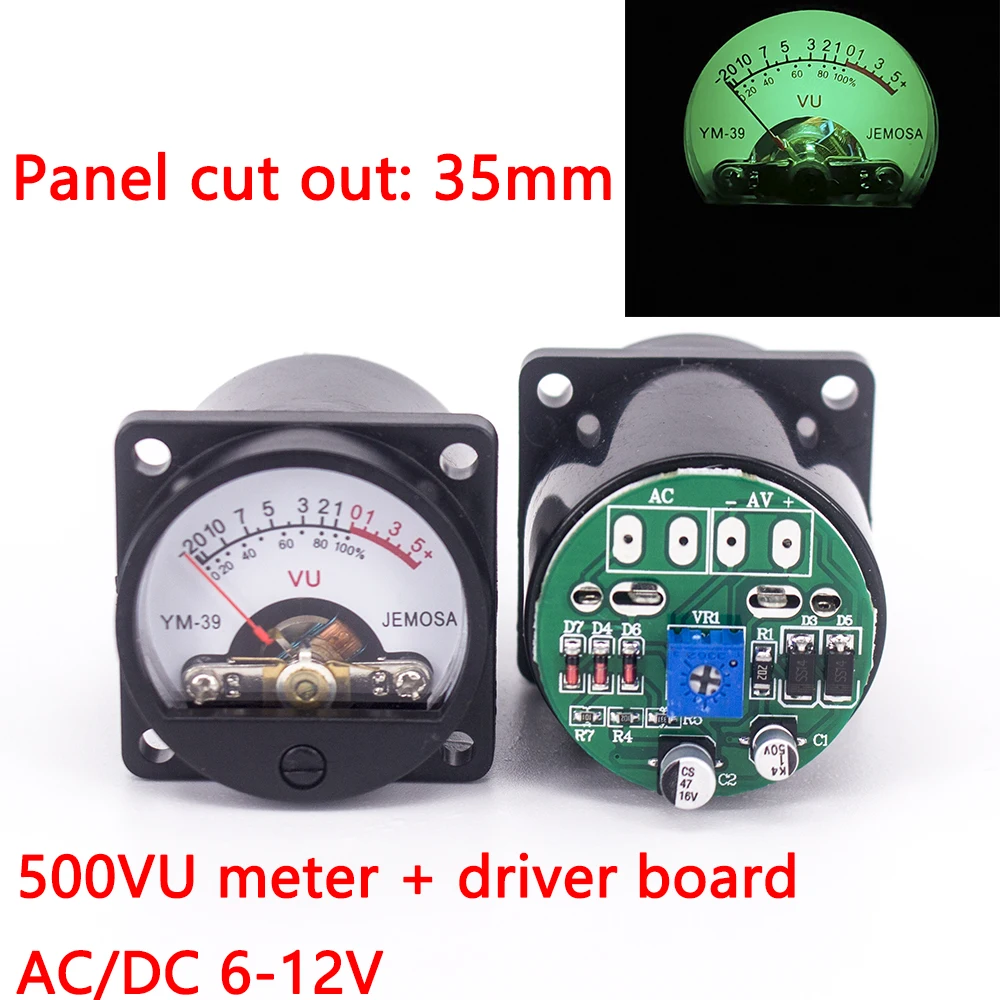 Pannello Da 35Mm Vu Meter 500Vu Con Retroilluminazione Verde Misuratore Di Pressione Sonora + Vu Level Audio Meter Driver Board Dc/Ac 6-12V Input